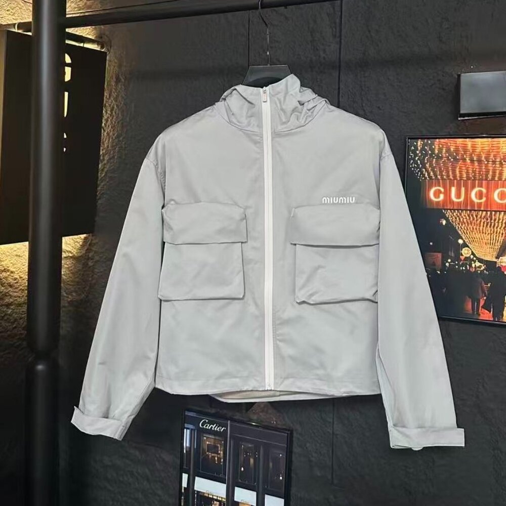 Miu Miu Light Grey Hooded Jacket with Large Pockets, Size S.